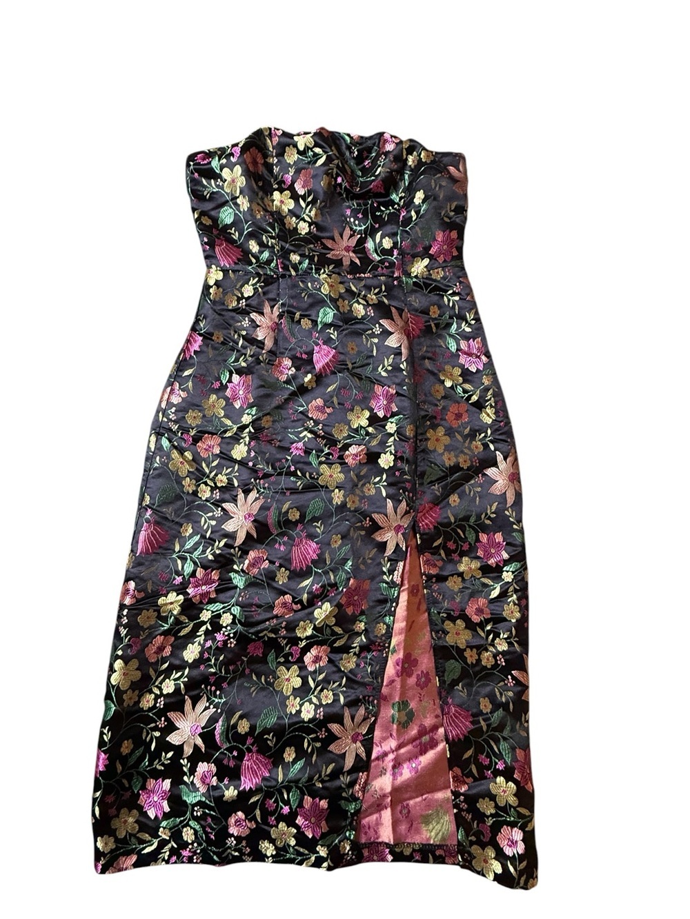 Lulus Small Black Floral Jacquard Strapless Midi Dress Cocktail Wedding Guest